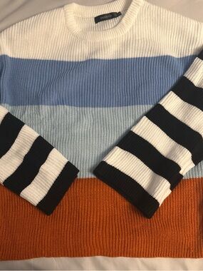 Colorblock Stripe Crewneck Sweater - White, Blue, Light Blue, Black & Orange